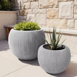 Set di 2 vasi da esterno rotondi (H41-30 cm) Lennox striati Grigio chiaro
