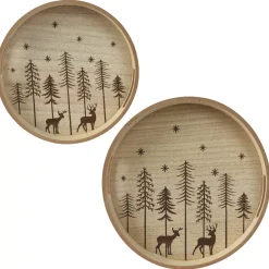 Set di 2 vassoi rotondi in legno (D34-D29 cm) Alberi di Natale