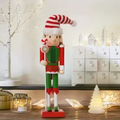Soldato Schiaccianoci in legno (H30 cm) Folletto di Babbo Natale Rosso e verde