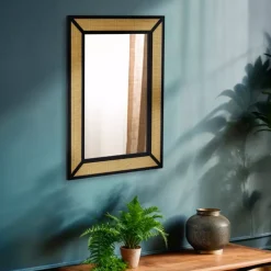 Specchio da parete in metallo (Alt 101 cm) Rattan intrecciato Naturale e nero