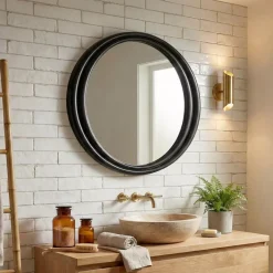 Specchio da parete rotondo con cornice in legno (91.4 cm) Taos Nero