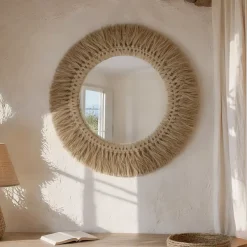 Specchio da parete rotondo in fibre naturali (D50 cm) Makira Beige