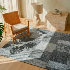 Tappeto rettangolare jacquard per soggiorno (140 x 200 cm) Rishi Nero e grigio
