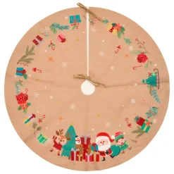 Tappeto per albero di Natale in juta (D90 cm) Elfo e Babbo Natale Multicolore
