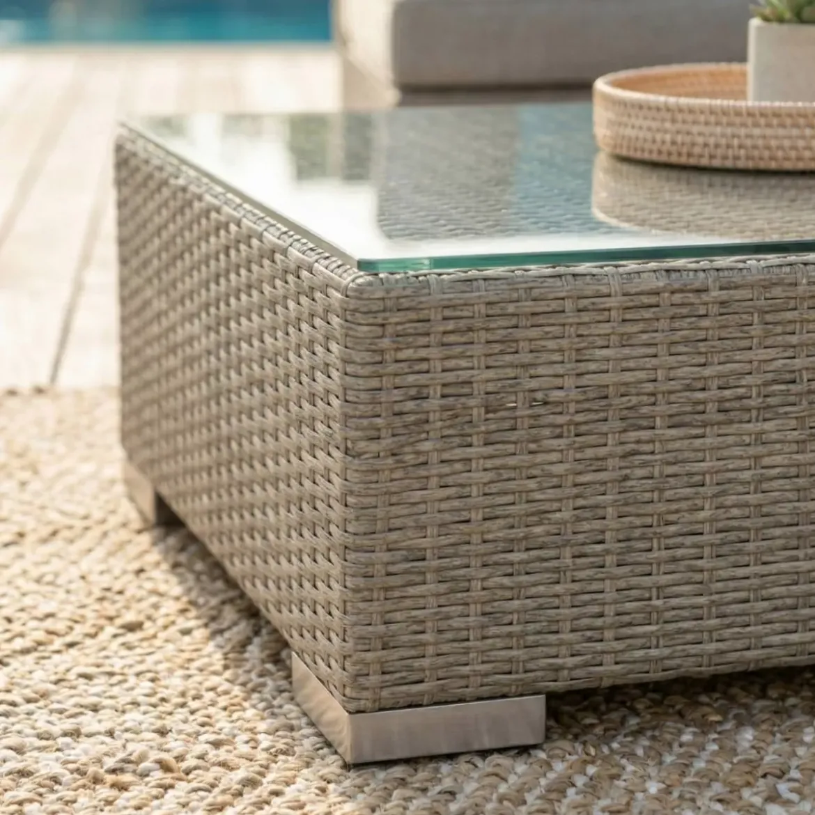 Tavolino da giardino quadrato in resina intrecciata Palma Grigio