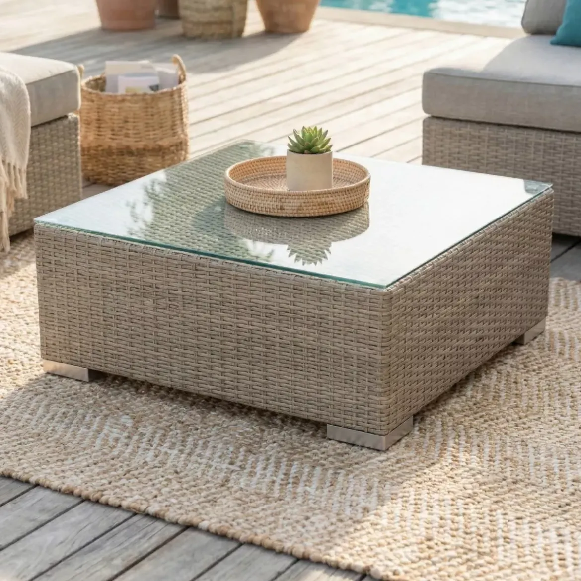 Tavolino da giardino quadrato in resina intrecciata Palma Grigio