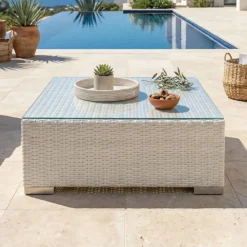 Tavolino da giardino quadrato in resina intrecciata Palma Bianco