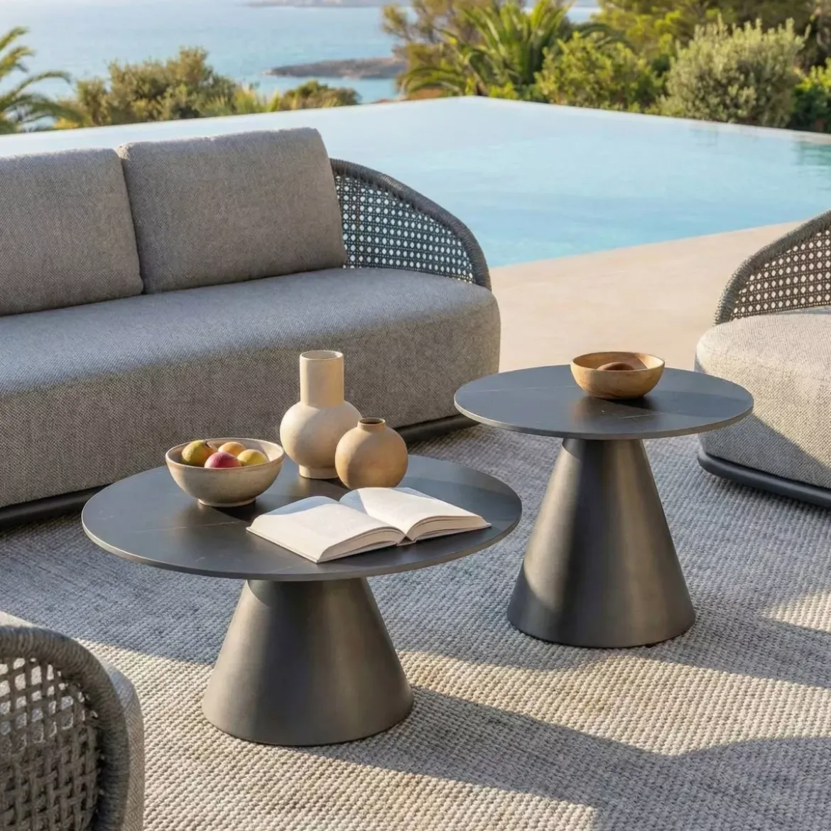 Tavolino da giardino rotondo in ceramica (D60 cm) Riviera Grigio antracite