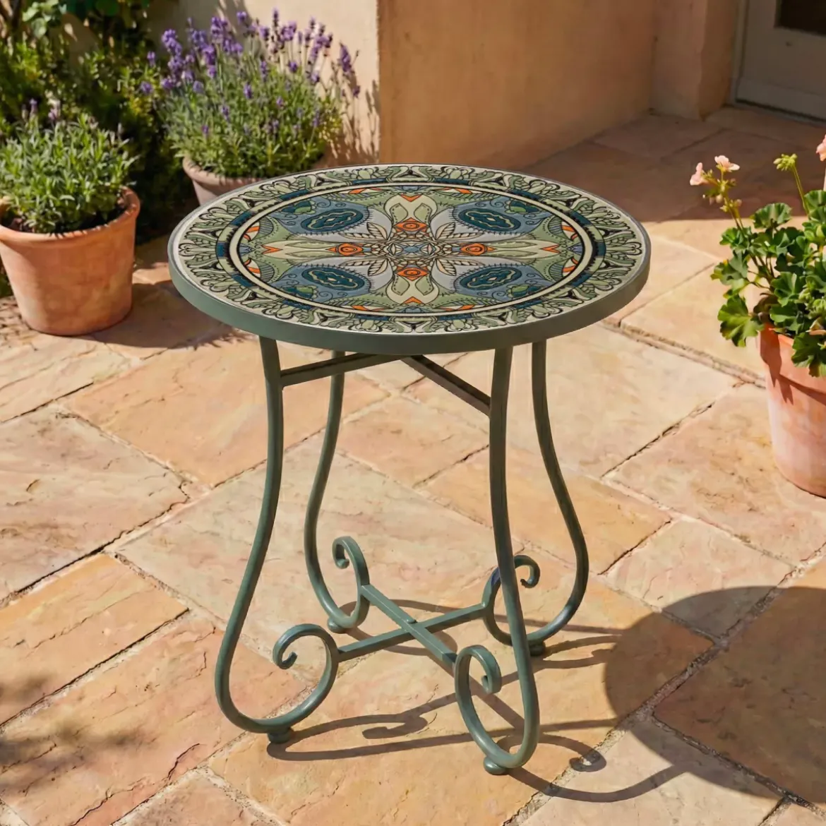 Tavolino rotondo in mosaico (H46 x D39 cm) Cancùn Verde salvia