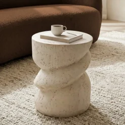 Tavolino rotondo in magnesio ossidato (H50 cm) Eterra Effetto travertino