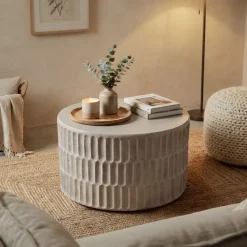 Tavolino rotondo in magnesio ossidato (H42 cm) Bondido Effetto travertino