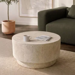 Tavolino tondo in magnesio ossidato (H42 cm) Pliazi Effetto travertino