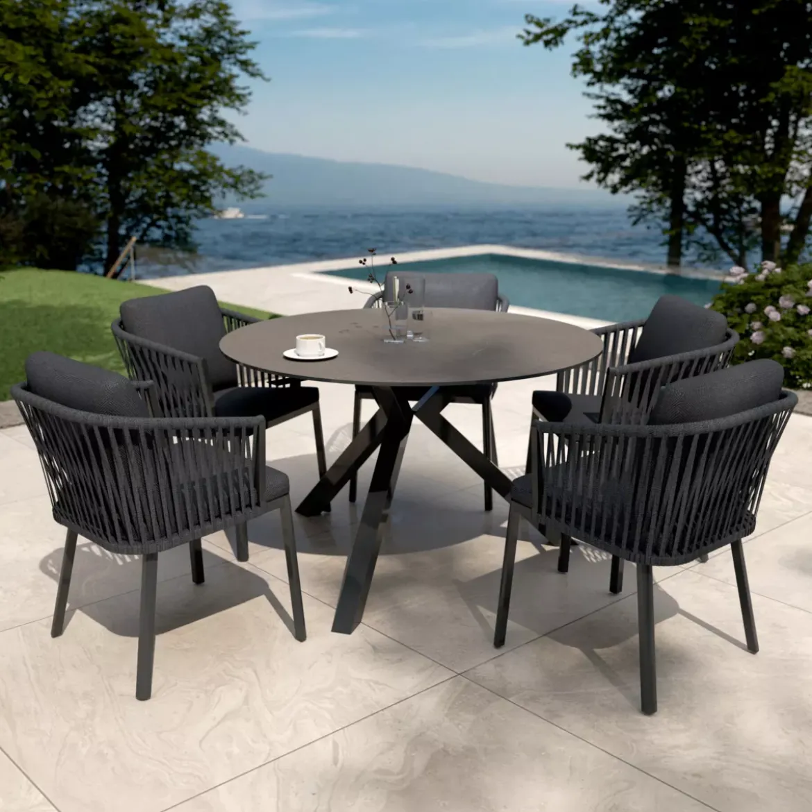 Tavolo da giardino Alluminio/Ceramica 6 posti (D120 cm) Kore Grigio antracite