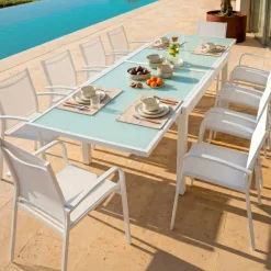 Tavolo da giardino allungabile in vetro 10 posti (135/270 x 90 cm) Murano Bianco
