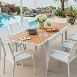Tavolo da giardino allungabile 10 posti Alluminio effetto legno Murano (270 x 90 cm) Bianco