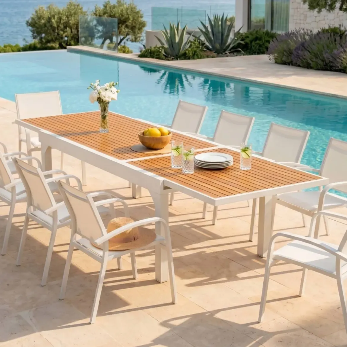 Tavolo da giardino allungabile 12 posti Alluminio effetto legno Murano (320 x 100 cm) Bianco