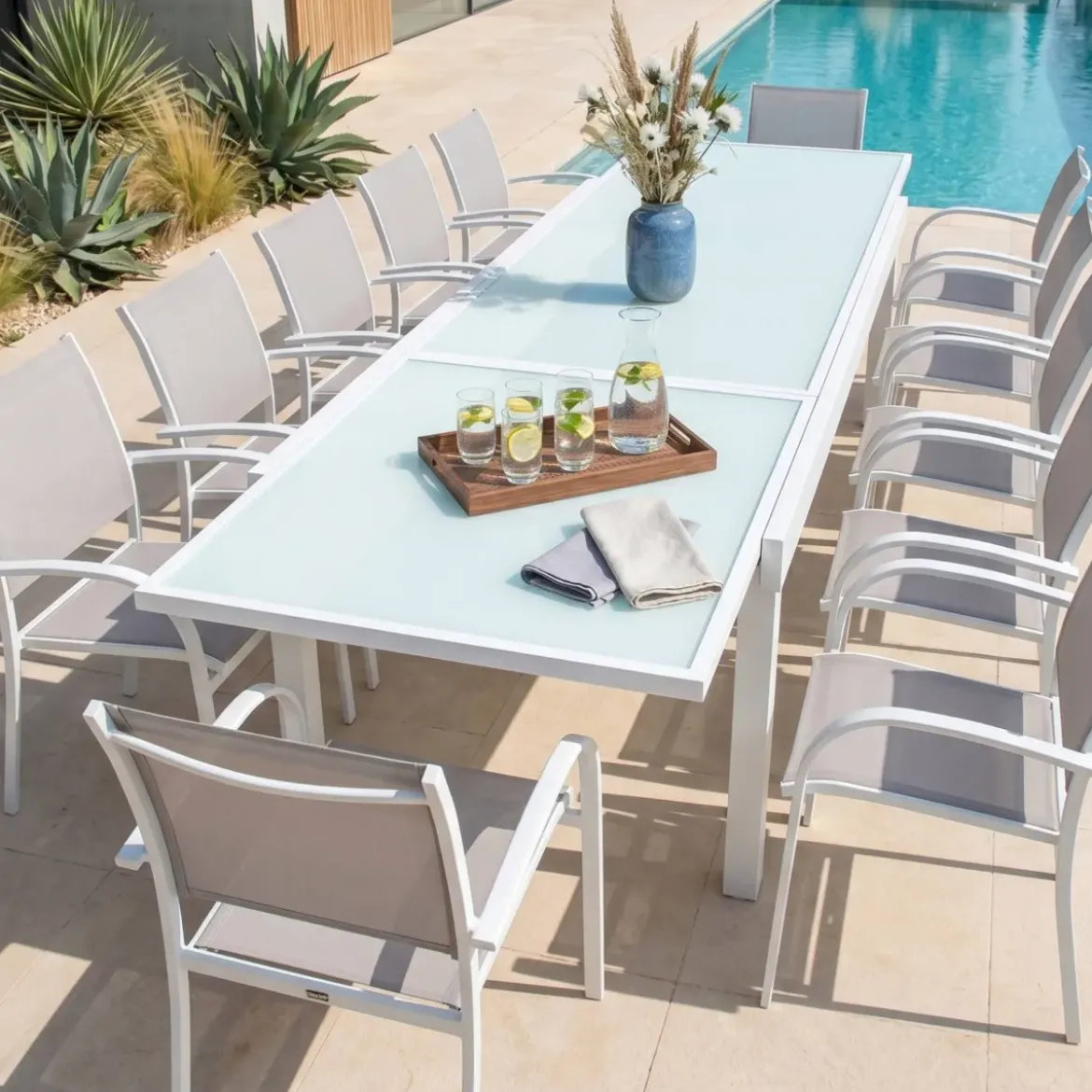 Tavolo da giardino allungabile in vetro 12 posti (200/320 x 100 cm) Murano Bianco
