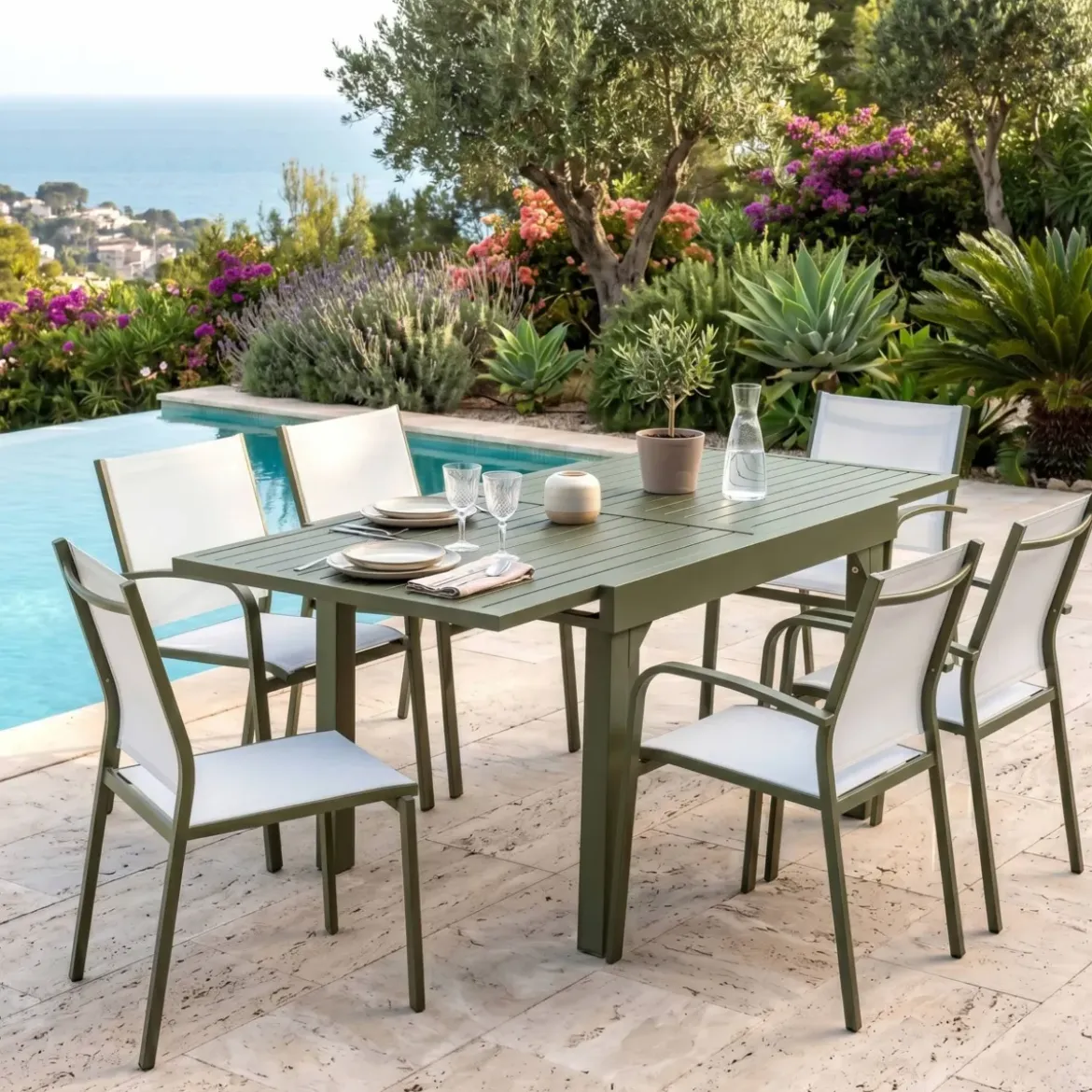 Tavolo da giardino allungabile in alluminio 8 posti (90/180 x 90 cm) Murano Verde oliva