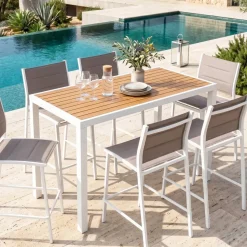 Tavolo da giardino alto in alluminio 6 posti effetto legno (160 x H105 cm) Murano Bianco