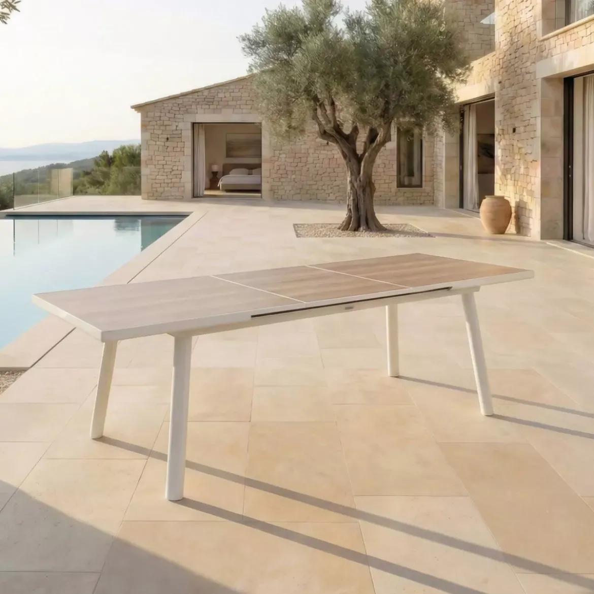 Tavolo da giardino estensibile automatico in alluminio 12 posti (240/300 x 96 cm) Amalfi Bianco e legno