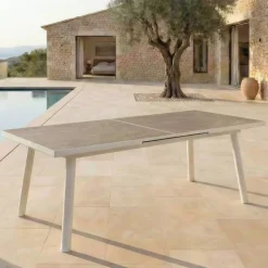 Tavolo da giardino estensibile automatico in alluminio 10 posti (200/260 x 96 cm) Amalfi Bianco e tortora