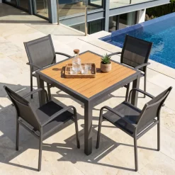 Tavolo da giardino quadrato in alluminio 4 posti (89 x 89 cm) Murano Grigio antracite ed effetto legno