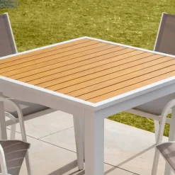 Tavolo da giardino quadrato in alluminio 4 posti (89 x 89 cm) Murano Bianco ed effetto legno