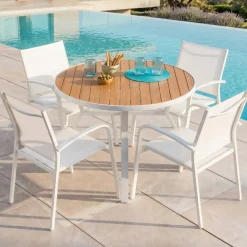 Tavolo da giardino rotondo in alluminio 5 posti (D105 cm) Murano Bianco e effetto legno