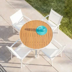 Tavolo da giardino rotondo in alluminio 5 posti (D105 cm) Murano Bianco e effetto legno