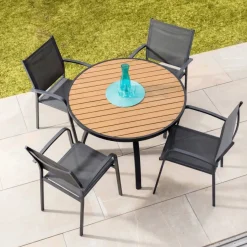 Tavolo da giardino rotondo in alluminio 5 posti (D105 cm) Murano Grigio antracite ed effetto legno