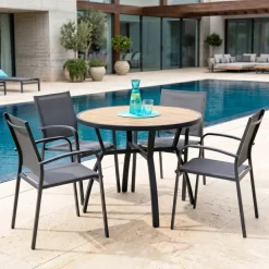 Tavolo da giardino rotondo in alluminio 5 posti (D105 cm) Murano Grigio antracite ed effetto legno