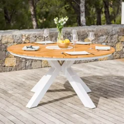 Tavolo da giardino rotondo 6 posti Alluminio/Teck (Ø140 cm) Bali Bianco