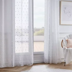 Tenda trasparente con nastri arricciati e pon pon (140 x 240 cm) Emie Bianco