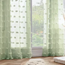 Tenda trasparente con occhielli e pon pon (140 x 280 cm) Suzie Verde acqua