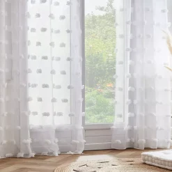 Tenda trasparente con occhielli pon pon (140 x 280 cm) Suzie Bianco