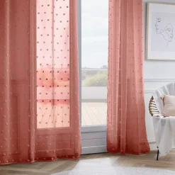 Tenda trasparente con occhielli e pon pon (140 x 240 cm) Emie Terracotta