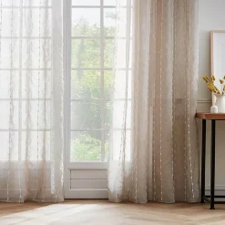 Tenda trasparente con passanti nascosti e pon pon (140 x 240 cm) Axel Beige