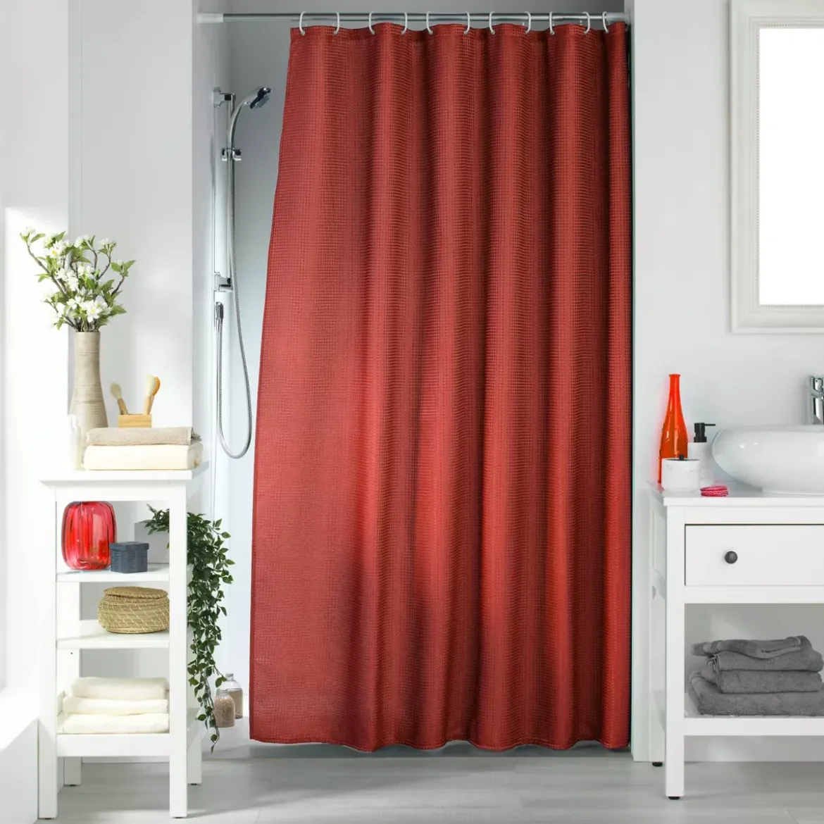 Tenda da doccia con effetto tessuto ad anelli (180 x 200 cm) Quarzo Terracotta