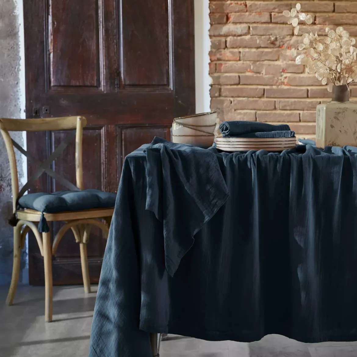 Tovaglia rettangolare garza di cotone (L350 cm) Gaïa Blu notte