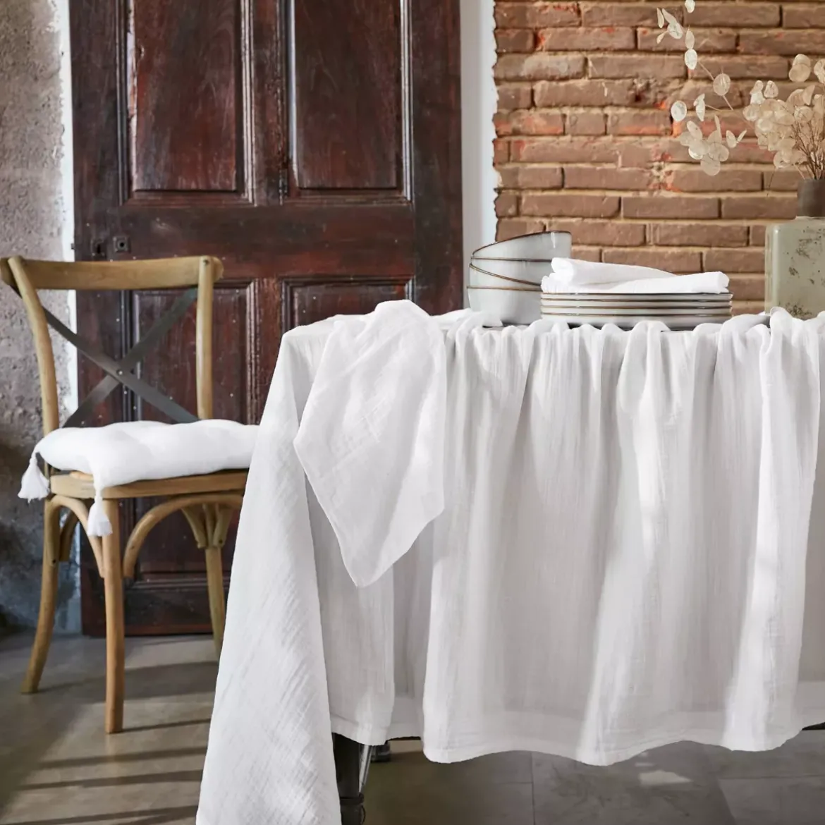 Tovaglia rettangolare garza di cotone (L350 cm) Gaïa Bianco chantilly