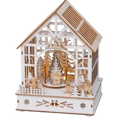 Villaggio di Natale in legno luminoso, musicale e animato a pile (18 x 24 cm) Giardino d'inverno