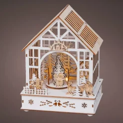 Villaggio di Natale in legno luminoso, musicale e animato a pile (18 x 24 cm) Giardino d'inverno