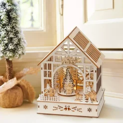 Villaggio di Natale in legno luminoso, musicale e animato a pile (18 x 24 cm) Giardino d'inverno