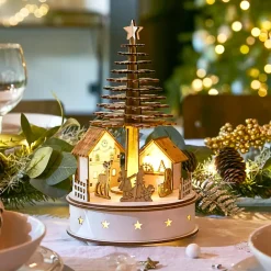 Villaggio di Natale in legno luminoso e musicale a pile (H25 cm) Albero di Natale