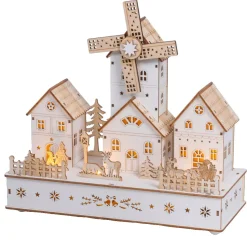 Villaggio di Natale in legno luminoso, musicale e animato a pile (H26 cm) Mulino e borgo