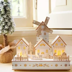 Villaggio di Natale in legno luminoso, musicale e animato a pile (H26 cm) Mulino e borgo