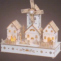 Villaggio di Natale in legno luminoso, musicale e animato a pile (H26 cm) Mulino e borgo