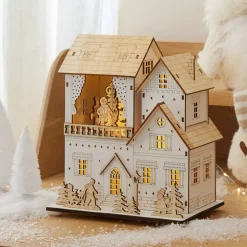 Villaggio di Natale in legno luminoso, animato e musicale a pile (H22 cm) Padiglione festivo