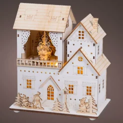 Villaggio di Natale in legno luminoso, animato e musicale a pile (H22 cm) Padiglione festivo