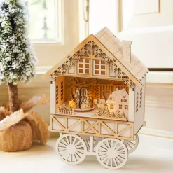 Villaggio di Natale in legno luminoso, musicale e animato a pile (H27 cm) Carro festivo